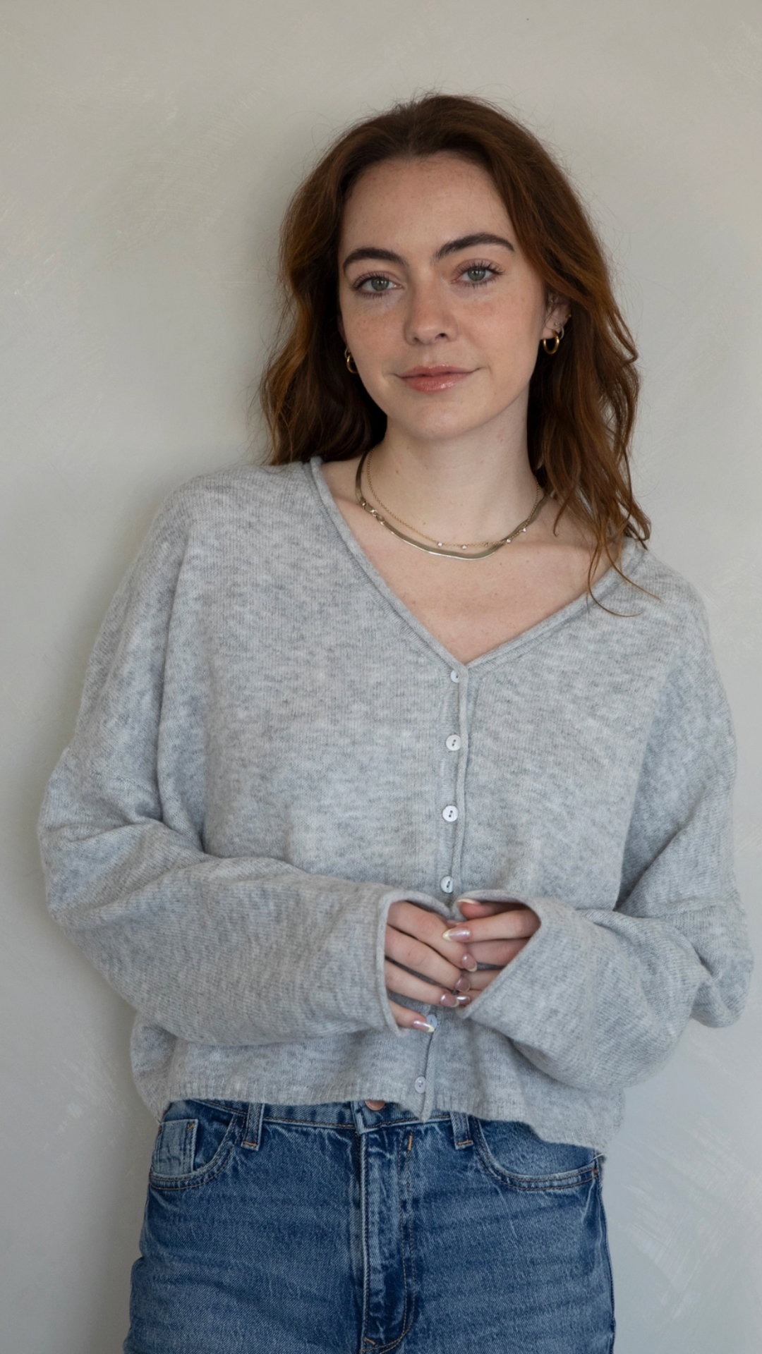 Gray V Neck Buttoned Sweater Cardigan