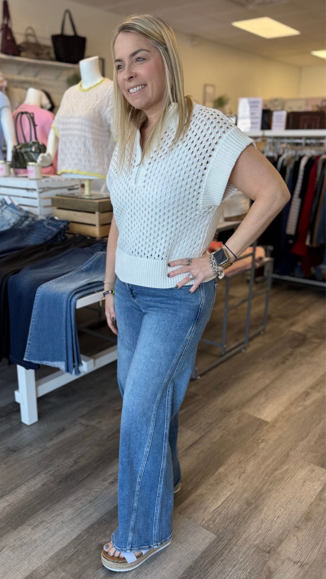 White Open Knit Short Sleeve Quarter Zip Sweater