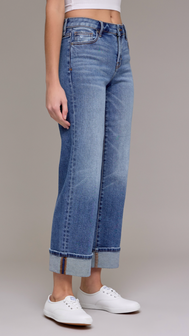 ELLA Mid Rise Medium Wash Wide Straight Cuffed Jeans