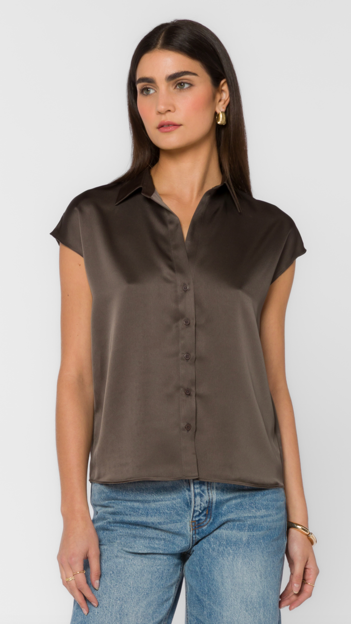 Bronze Olive Cap Sleeve Satin Blouse