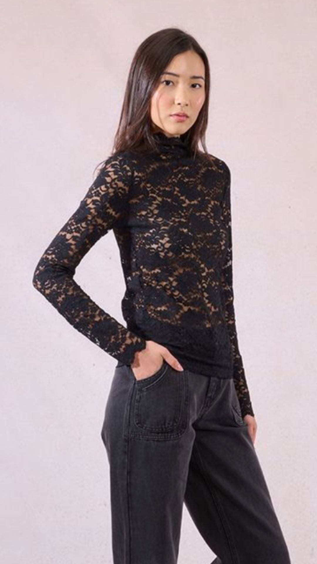 Black Lace Mock Neck Undersweater Top