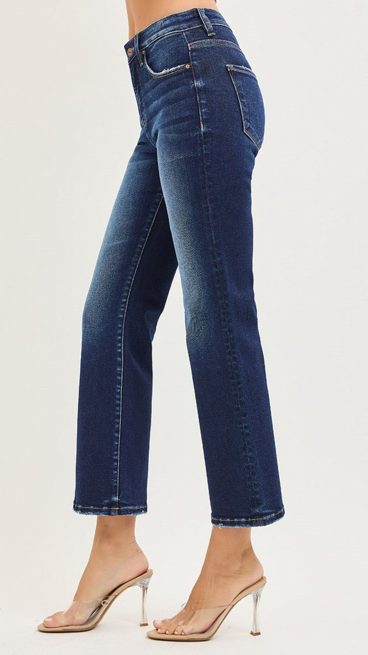 High Rise Dark Wash Tummy Control Crop Bootcut Jeans