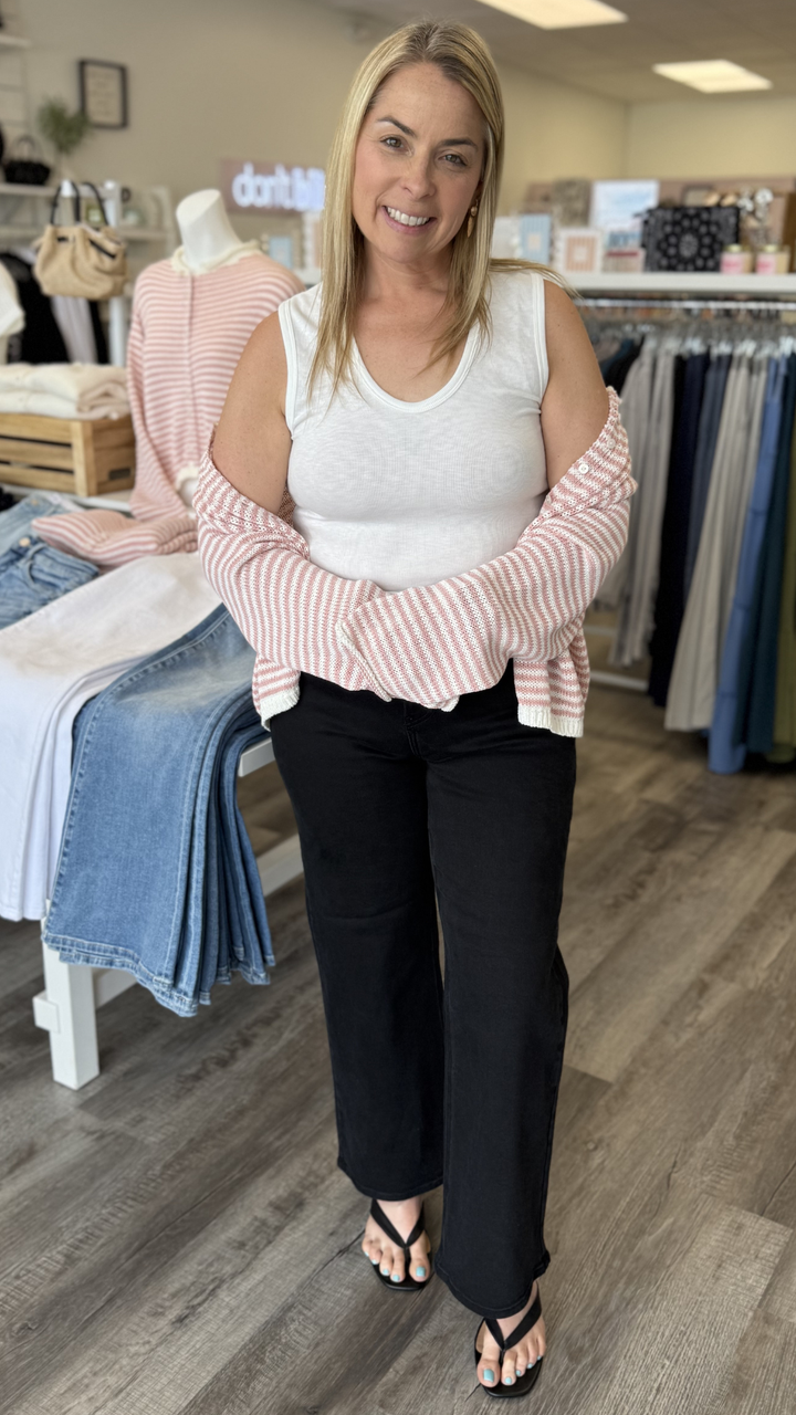 Rose And White Button Front Knit Cardigan