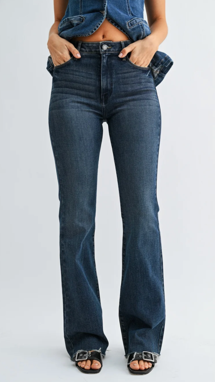 High Rise Dark Wash Scissor Cut Full Length Flare Jeans
