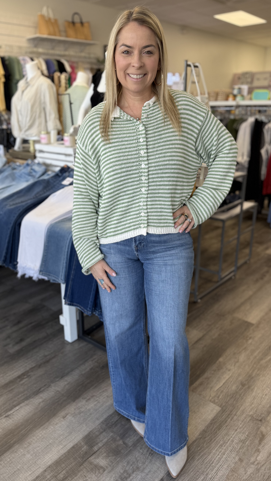Matcha And White Button Front Knit Cardigan