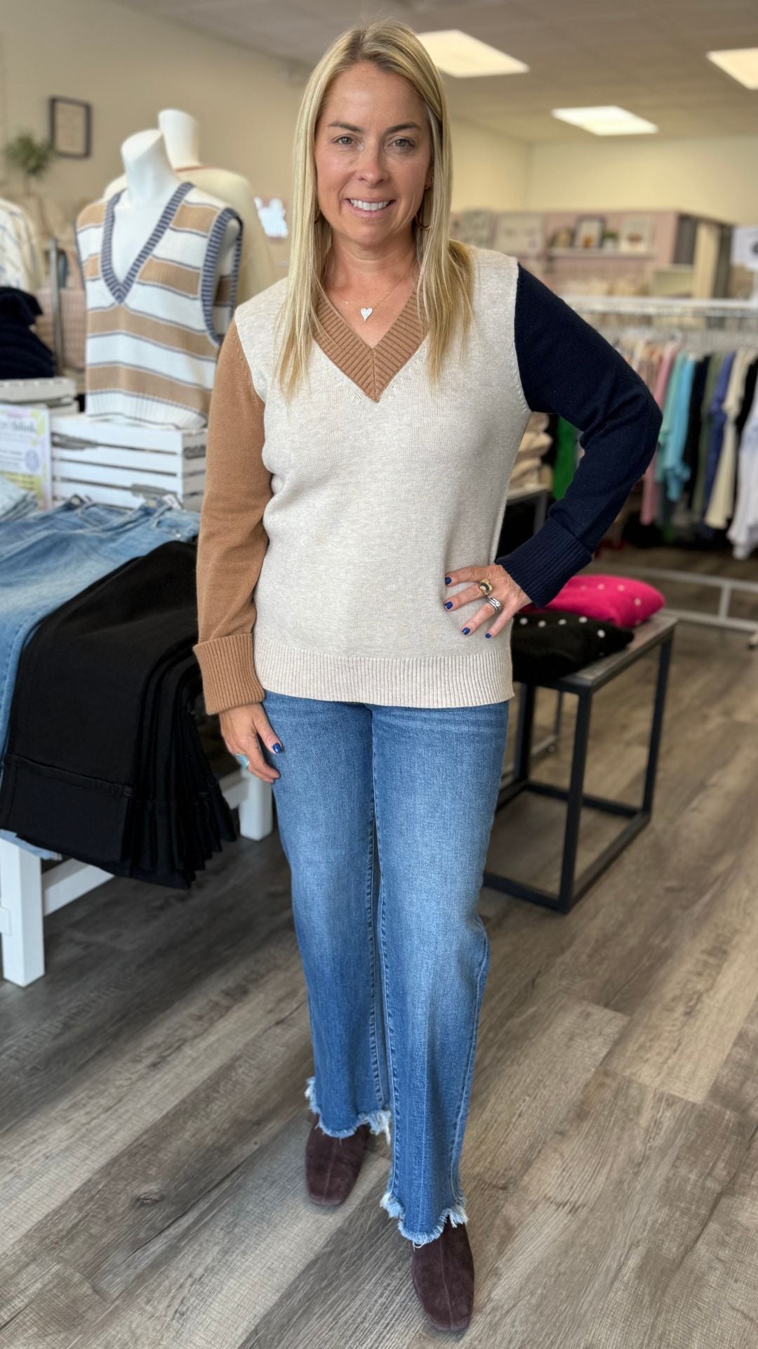 Truffle Colorblock V Neck Sweater