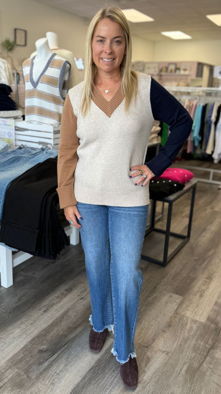 Truffle Colorblock V Neck Sweater