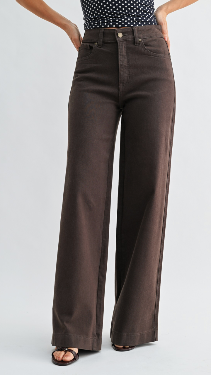 High Rise Dark Brown Full Length Wide Leg Jeans