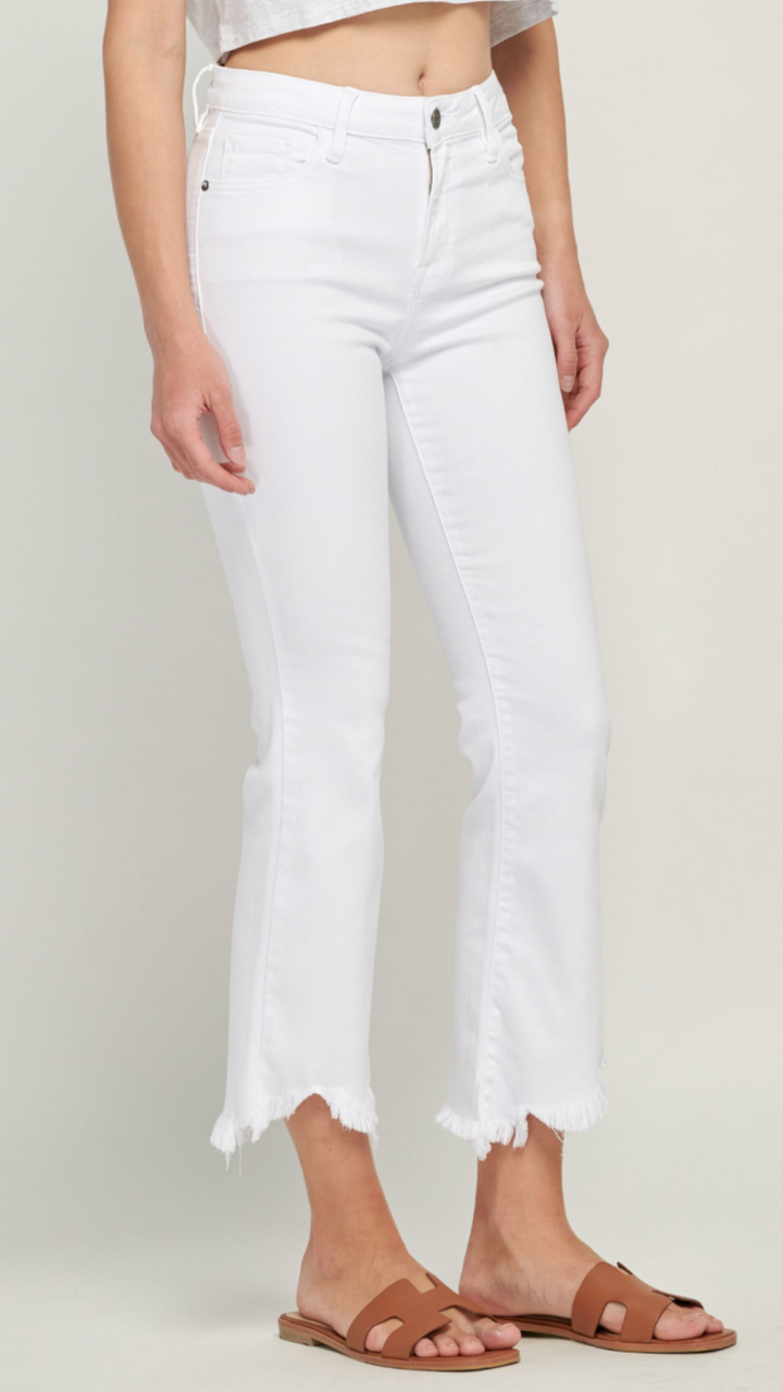 White Frayed Hem Crop Flare Jeans