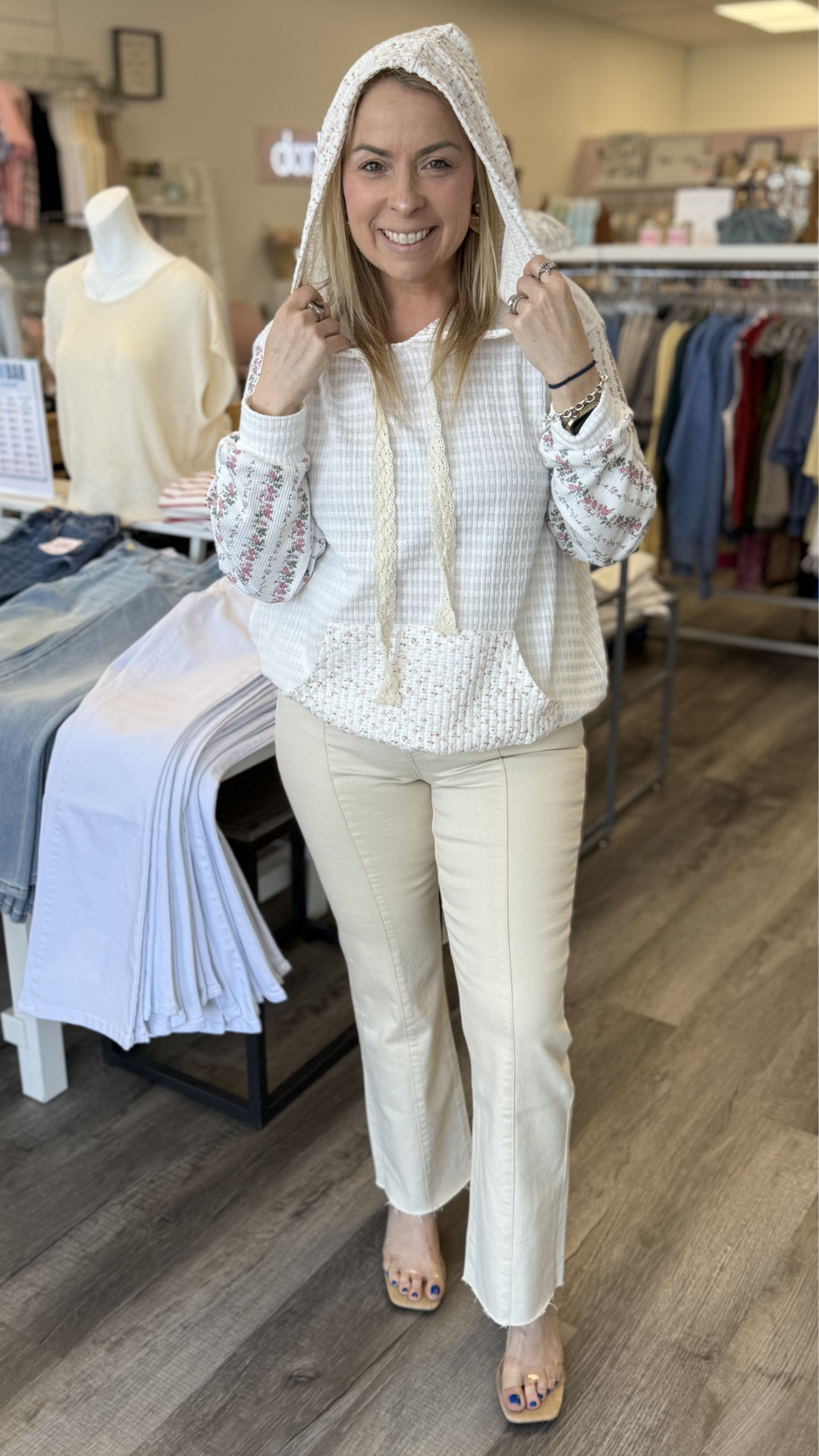 Ivory Multi Kangaroo Pocket Mixed Knit Contrast Sleeve Hooded Pullover