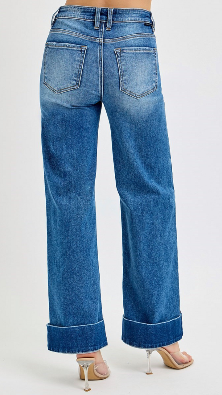 High Rise Tummy Control Medium Wash Wide Cuffed Jeans