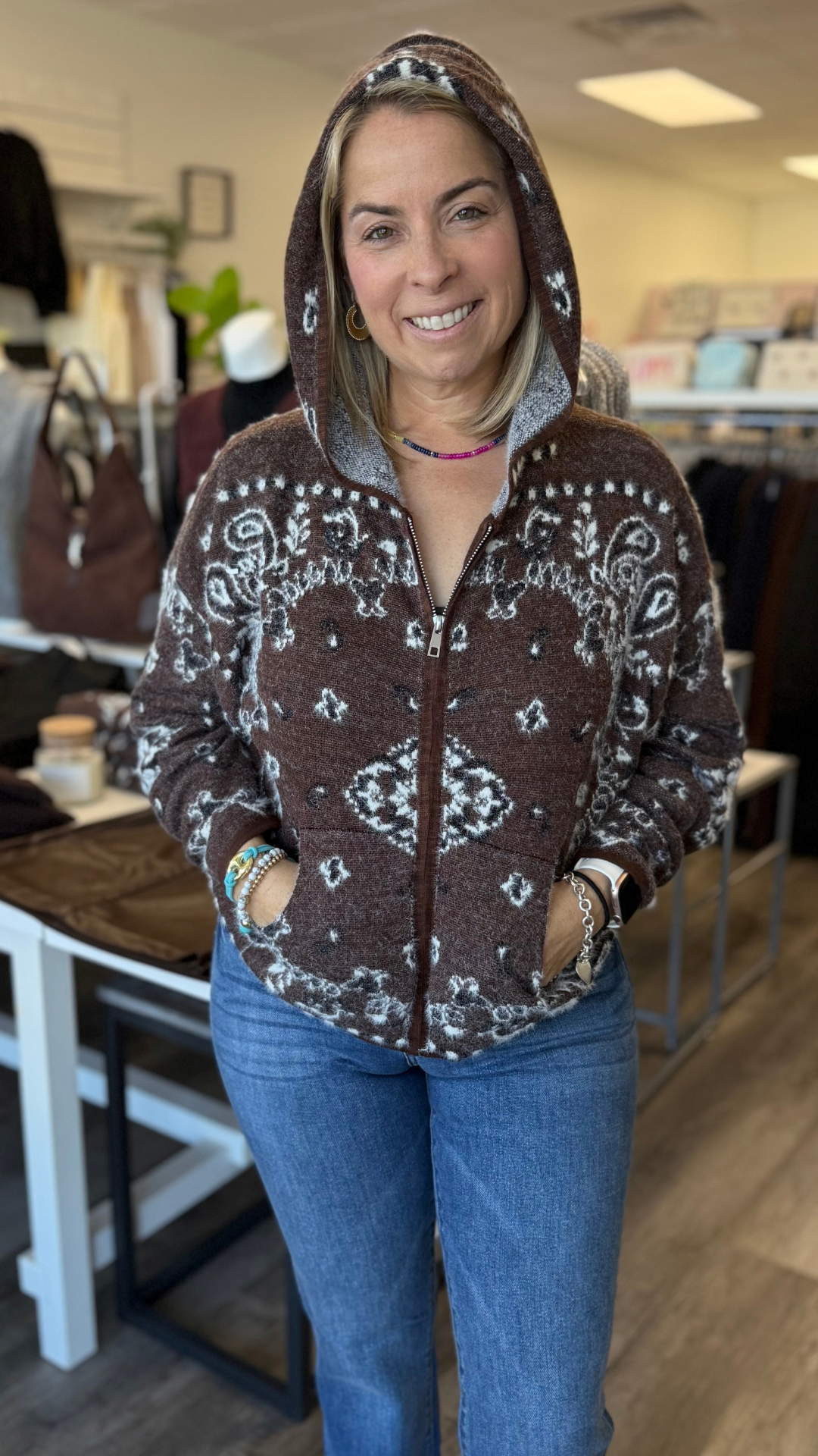Nordic Brown Pine Fuzzy Hoodie Zip up