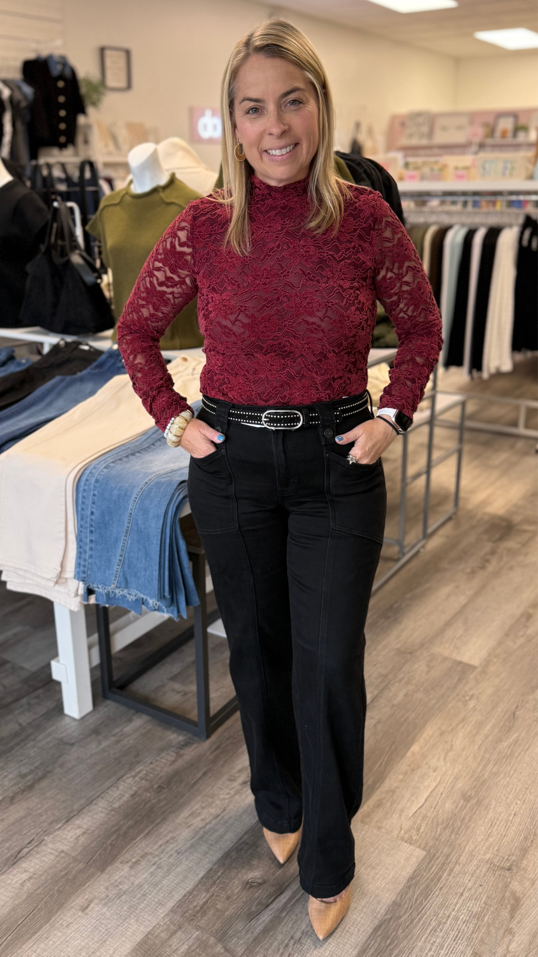 Merlot Lace Long Sleeve Mock Neck Top