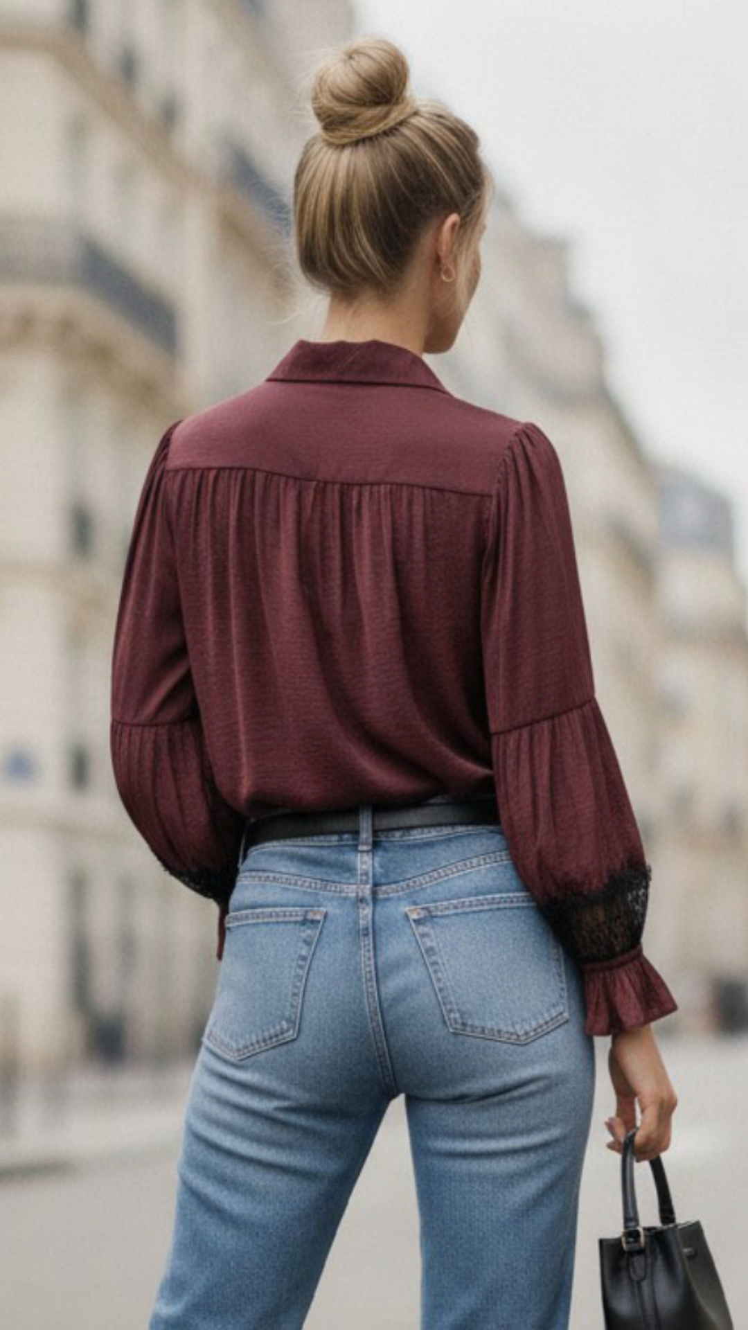 Wine Lace Insert Long Sleeve Blouse