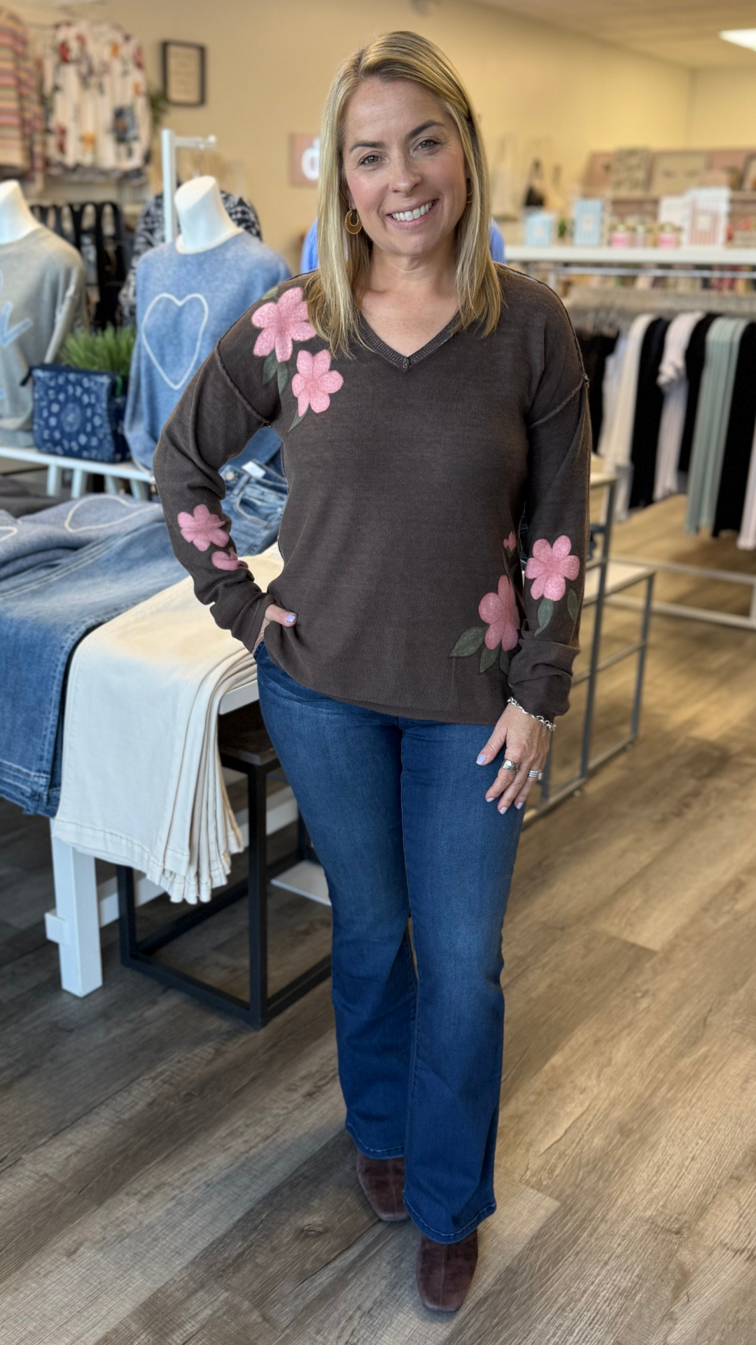 Coffee Floral Reversible V Neck Sweater