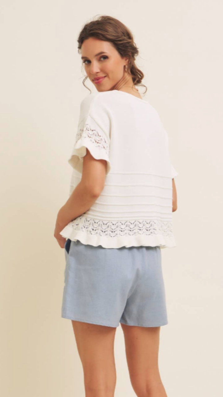 Pointelle Short Sleeve Ruffled Hem Sweater