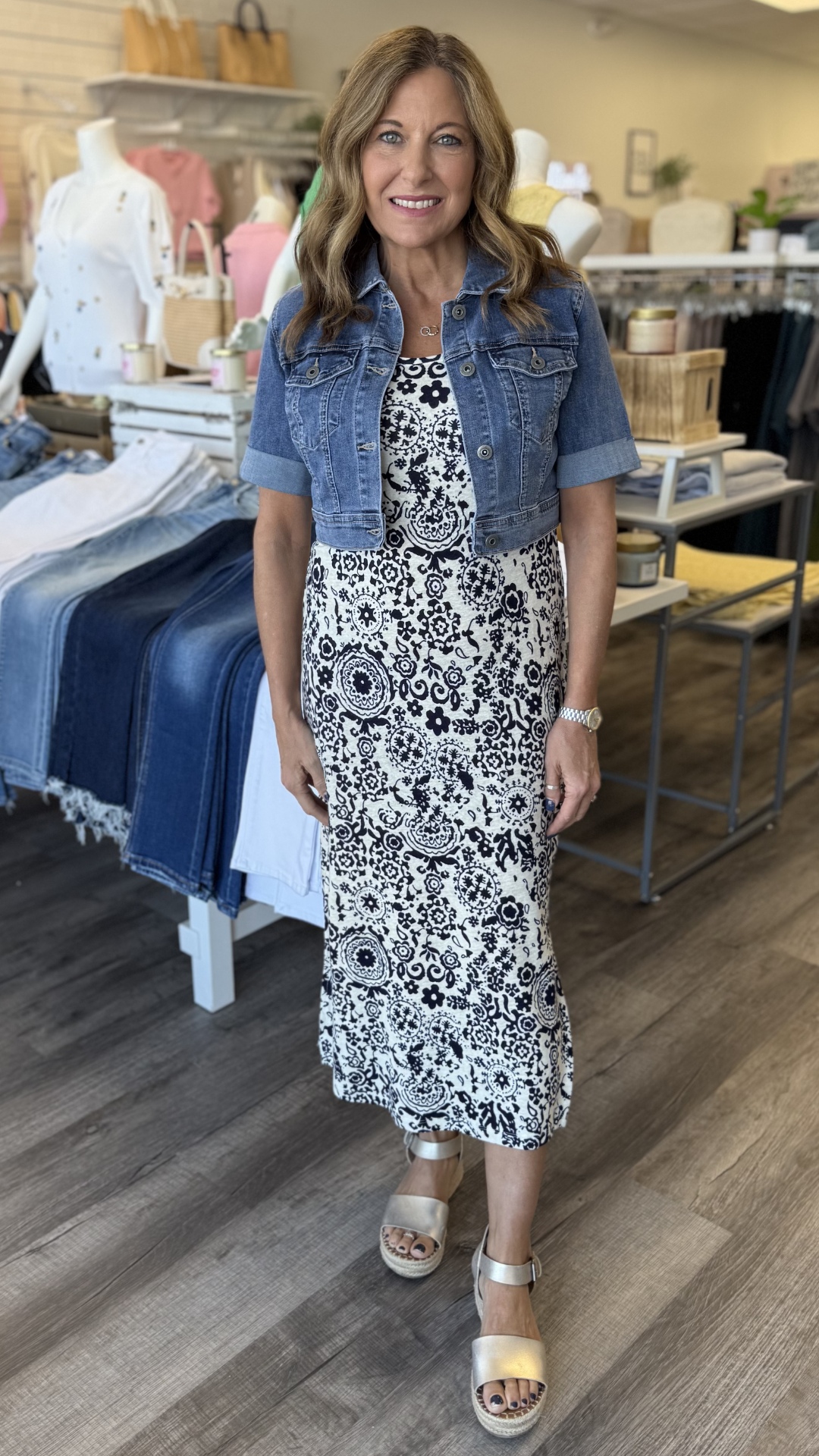 Navy And Cream Printed Sleeveless Scoop Neck Midi Dress
