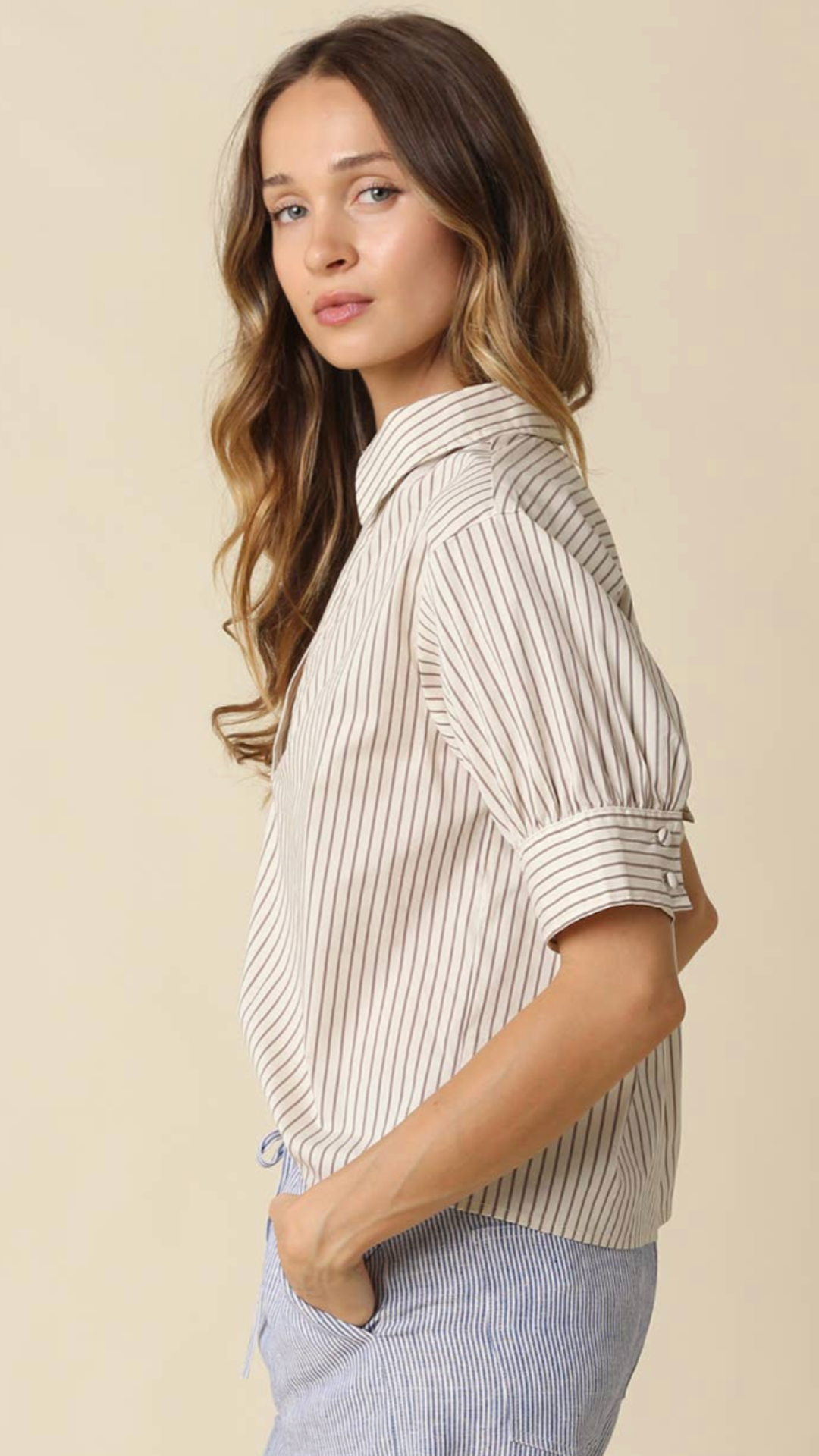 Taupe Stripe Split Neck Blouse