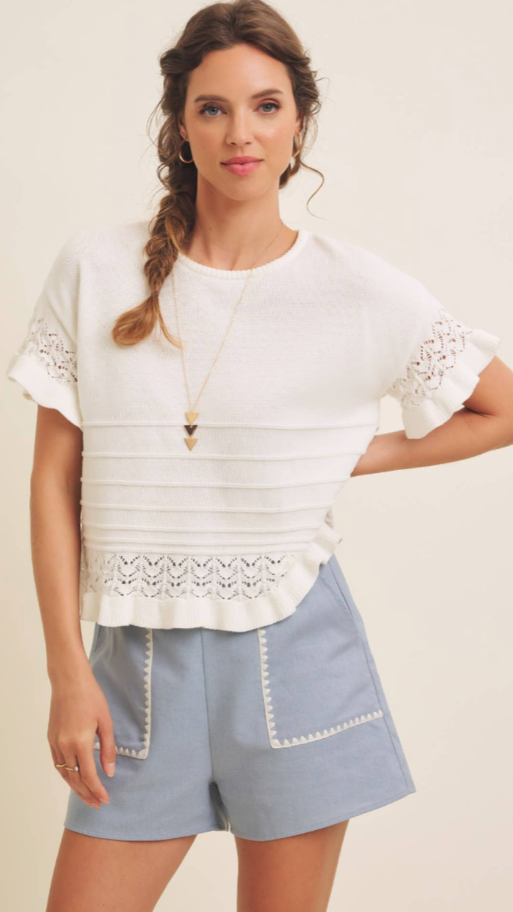 Pointelle Short Sleeve Ruffled Hem Sweater