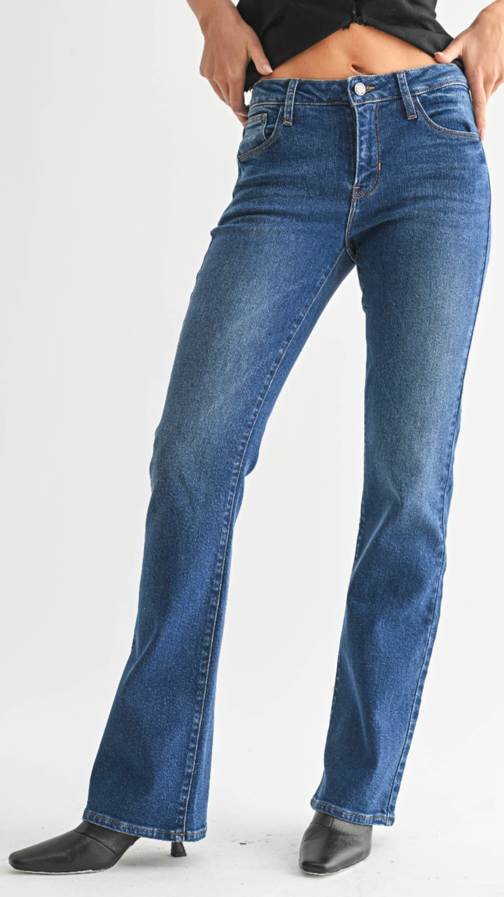 Mid Rise Dark Wash Full Length Bootcut Jeans
