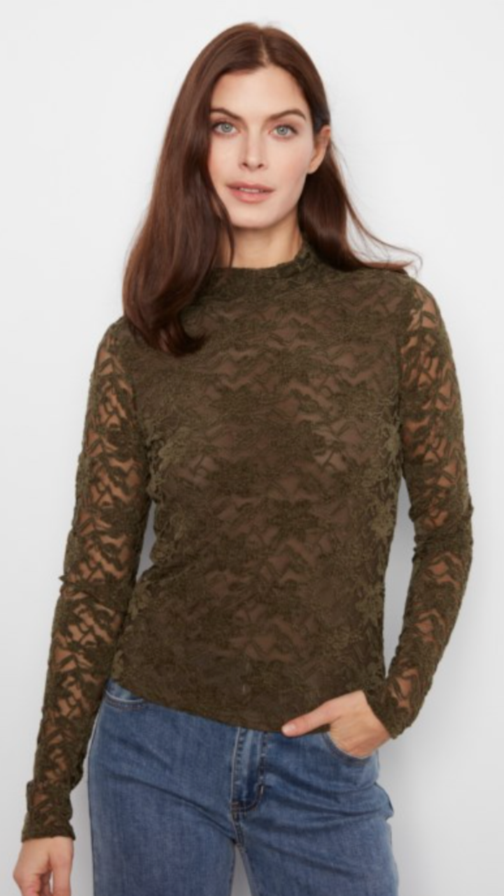 Olive Lace Long Sleeve Mock Neck Top