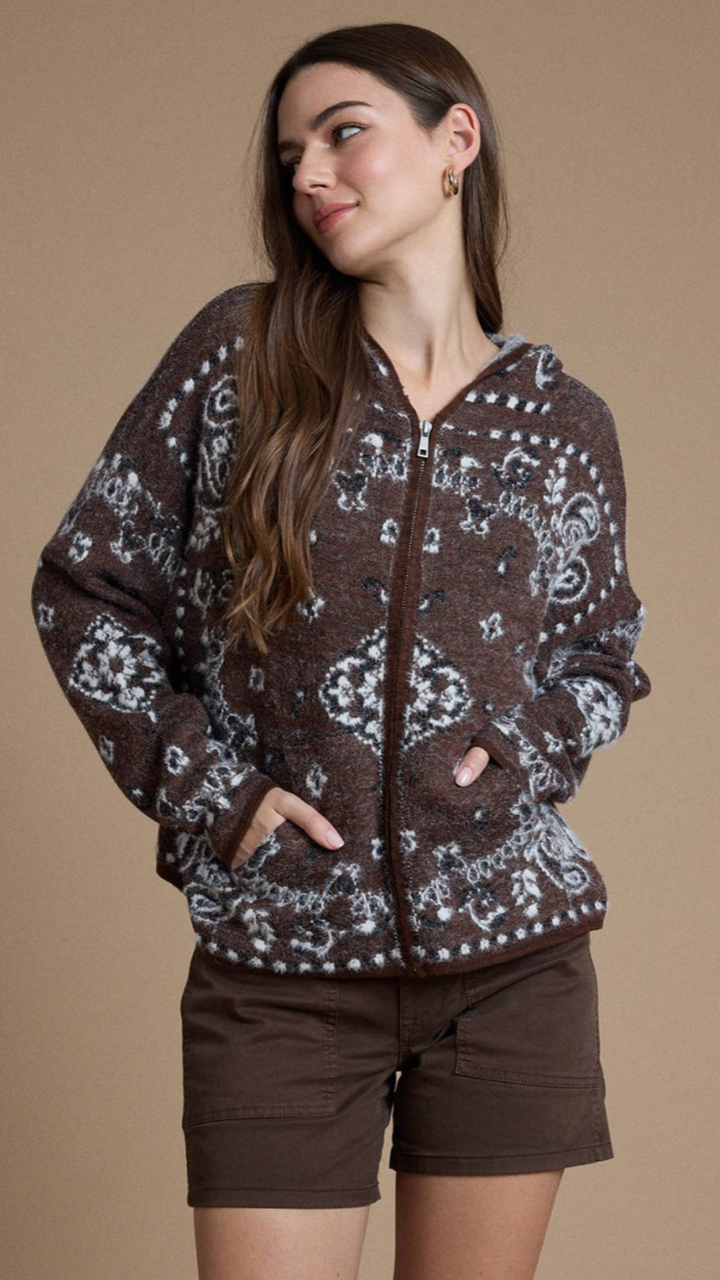 Nordic Brown Pine Fuzzy Knit Hoodie Cardigan