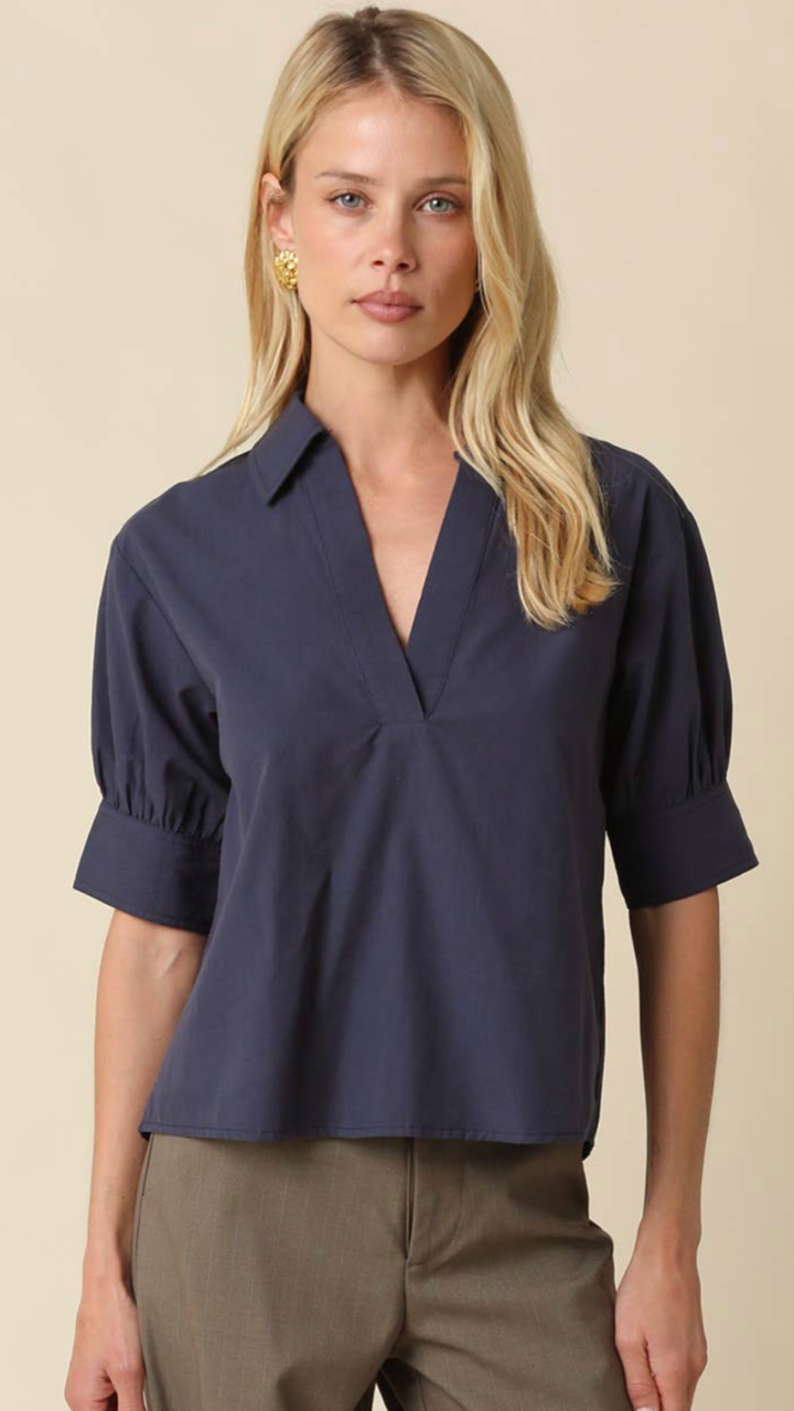 Navy Puff Sleeve Blouse
