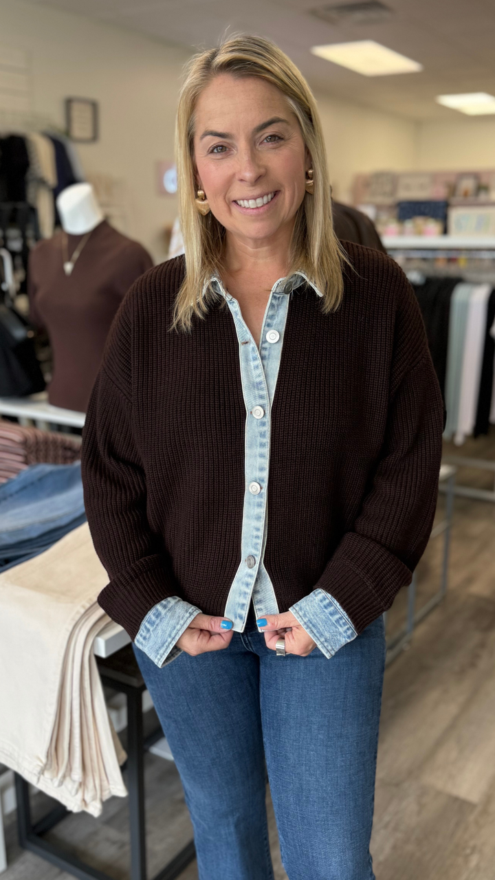 Chocolate Button Front Cardigan With Denim Collar