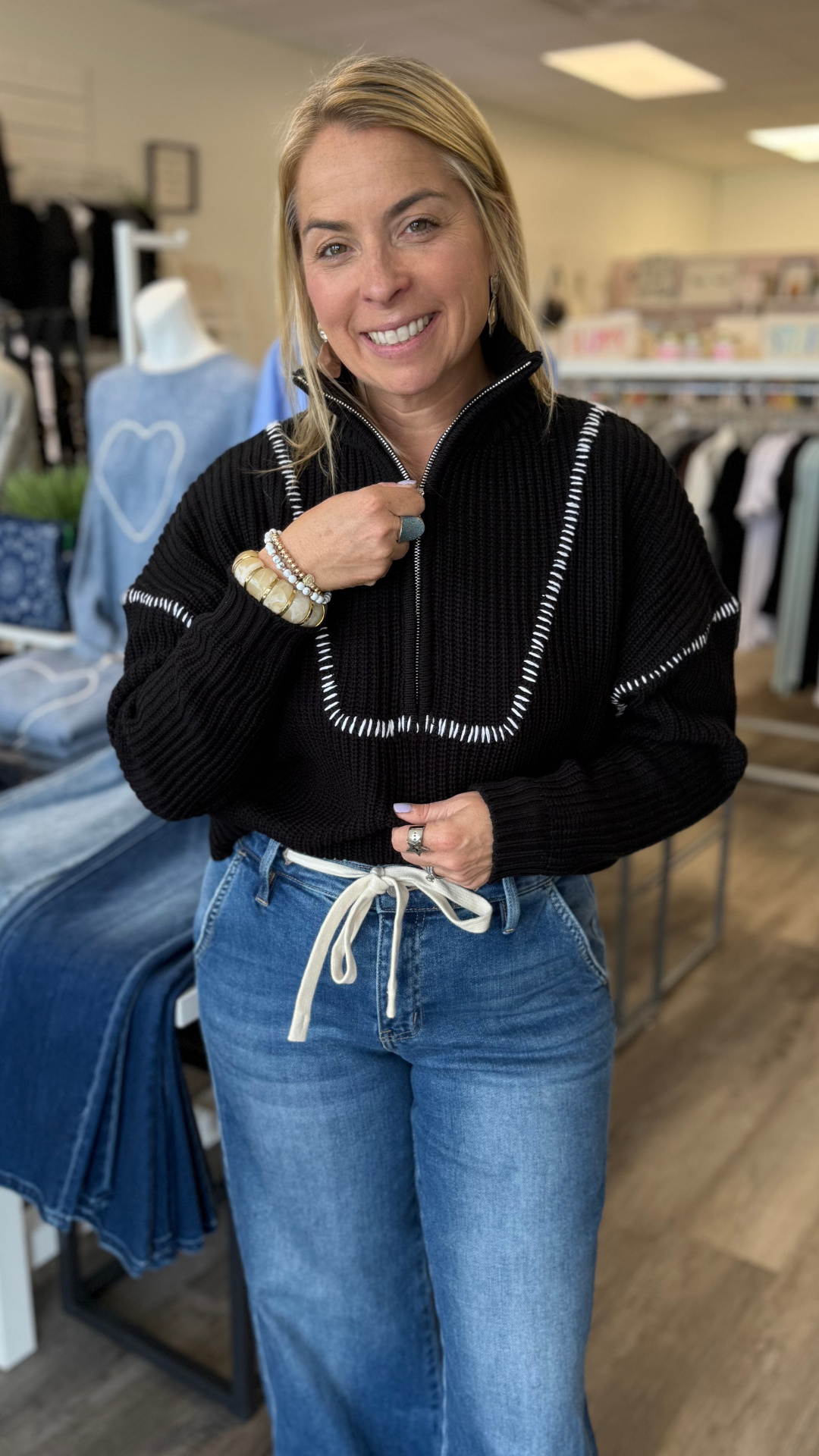 Black Quarter Zip Whipstitch Sweater