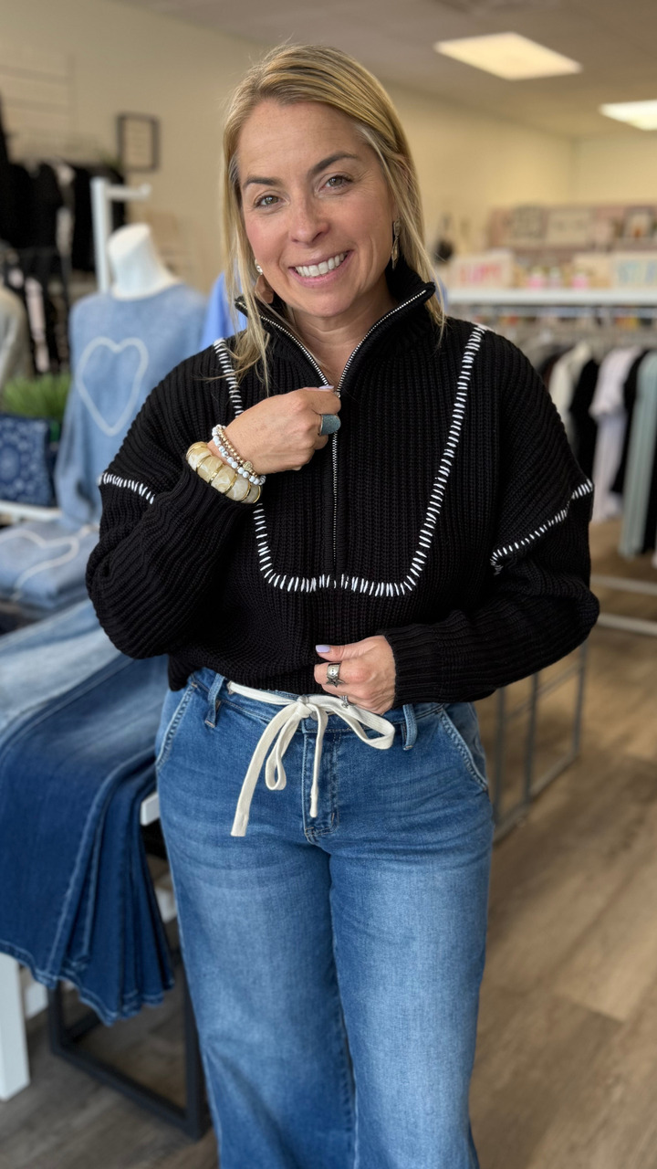 Black Quarter Zip Whipstitch Sweater