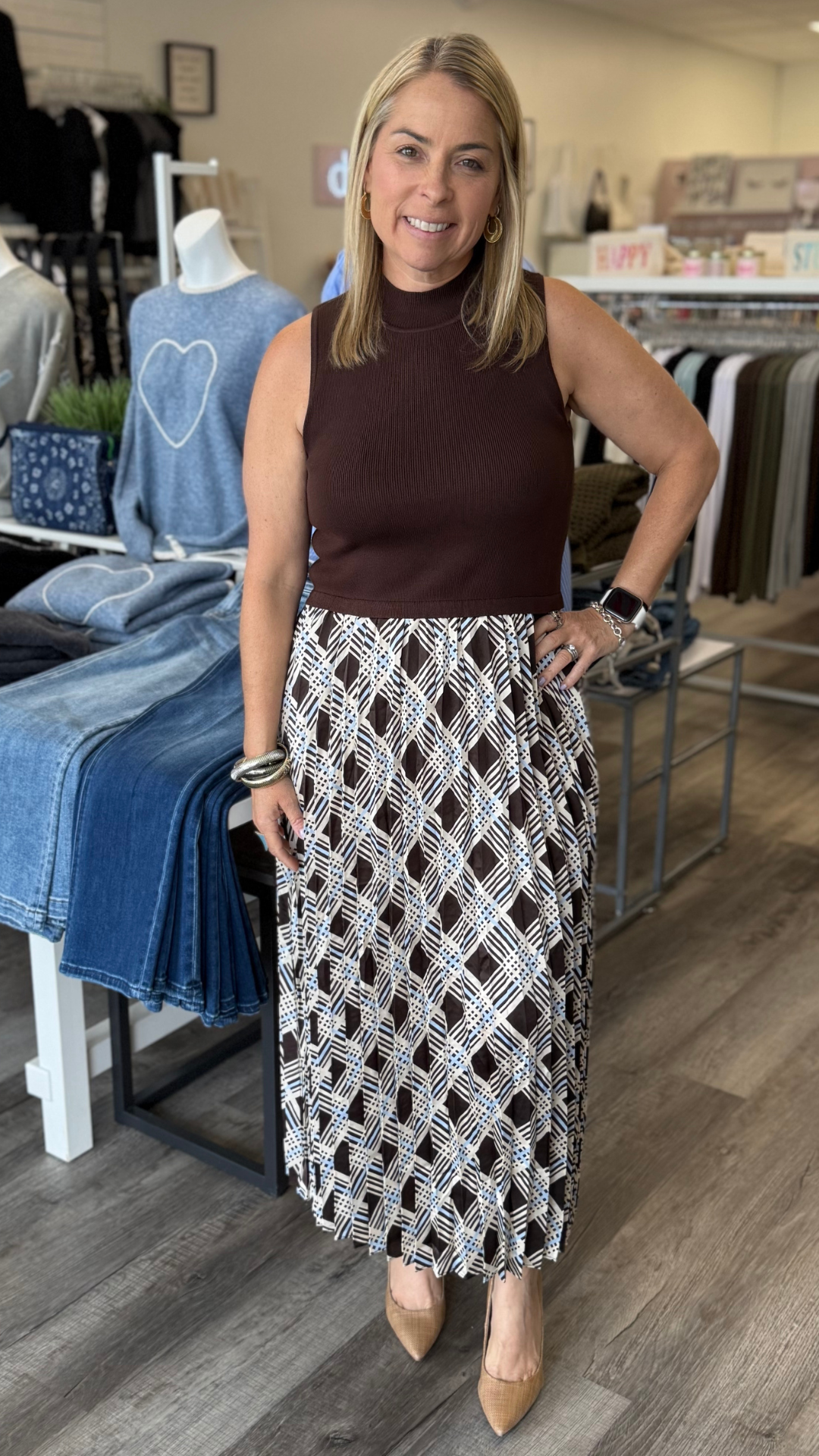 Brown and Blue Plaid Sleeveless Knit Dress