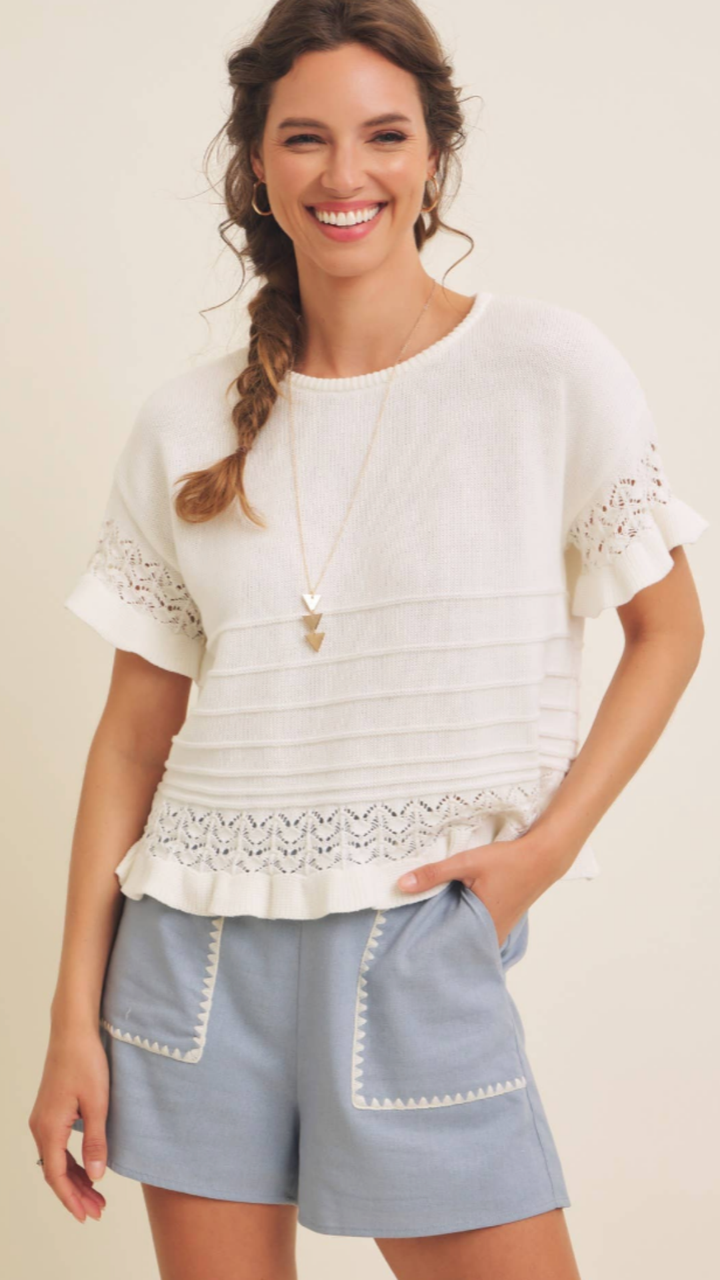 Pointelle Short Sleeve Ruffled Hem Sweater