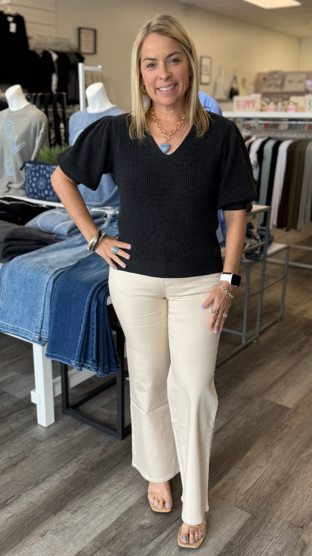 Mid Rise Ecru Slim Wide Leg Jeans