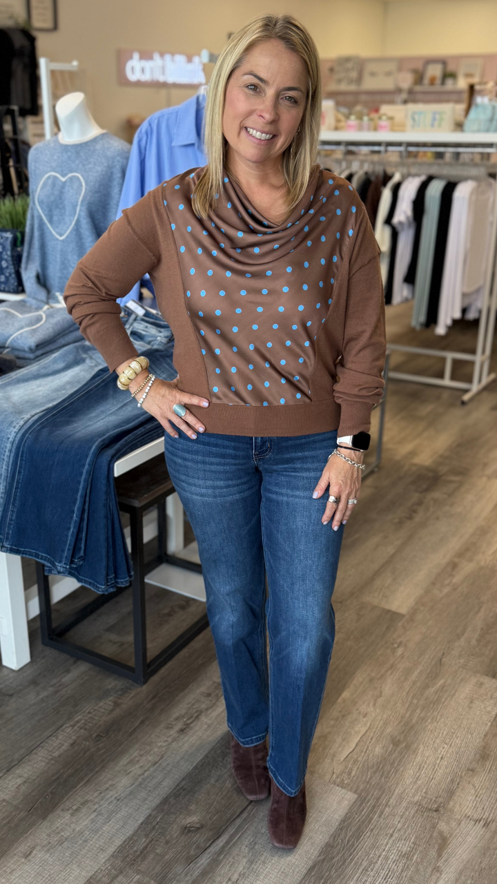 Polka Dot Cowl Neck Mixed Media Top