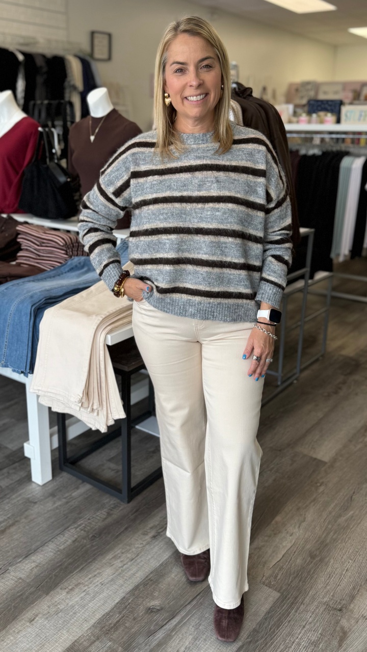Heather Gray And Brown Stripe Sweater