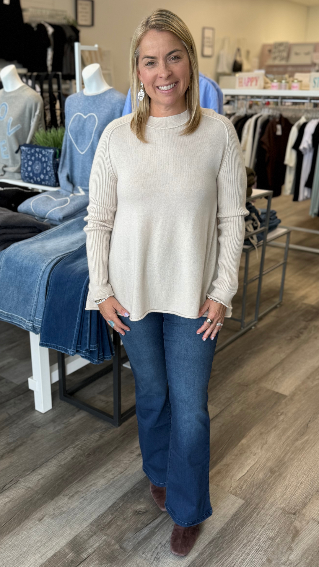 Ribbed Knit Sleeve Cashmere Blend Crewneck Sweater