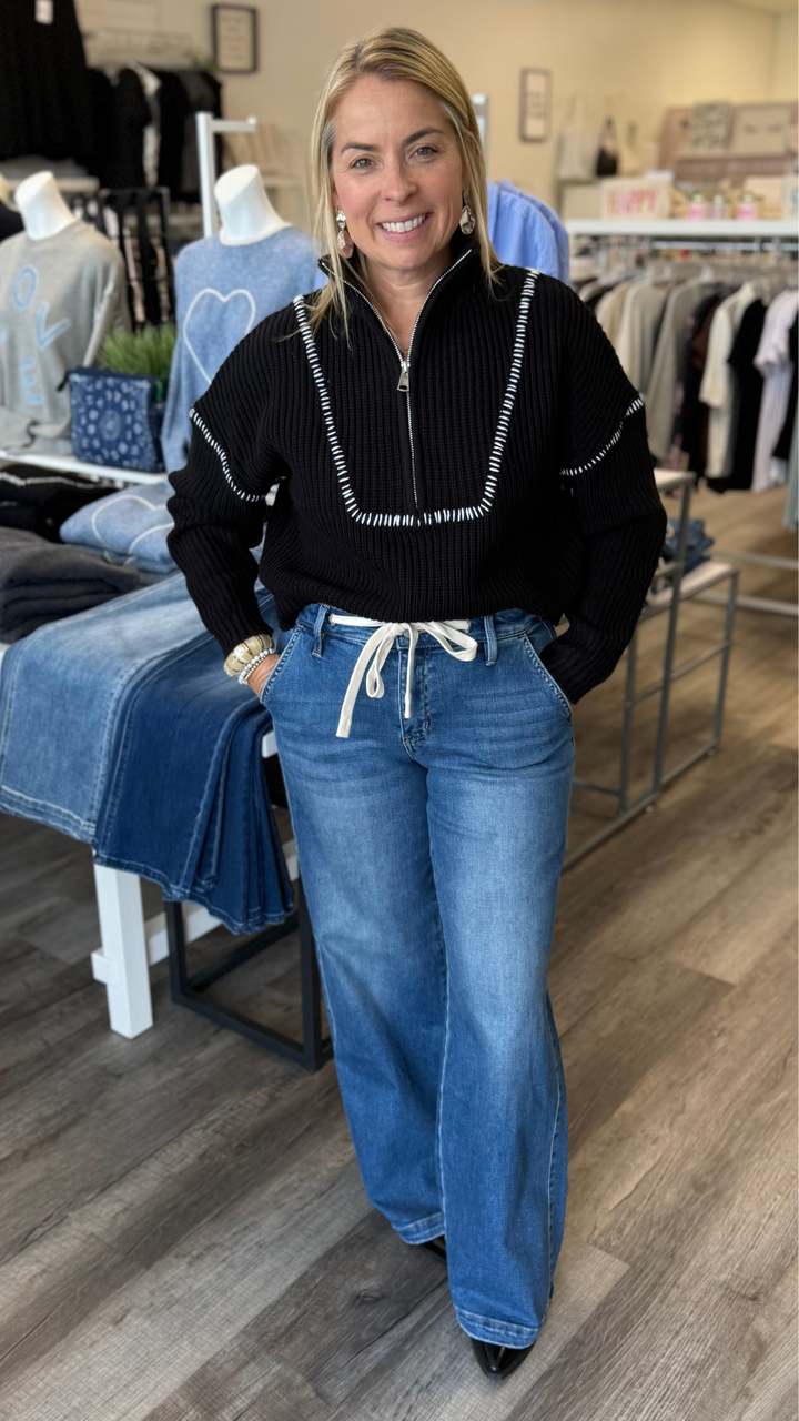High Rise Medium Wash Waist Tie Twist Wide Leg Jeans