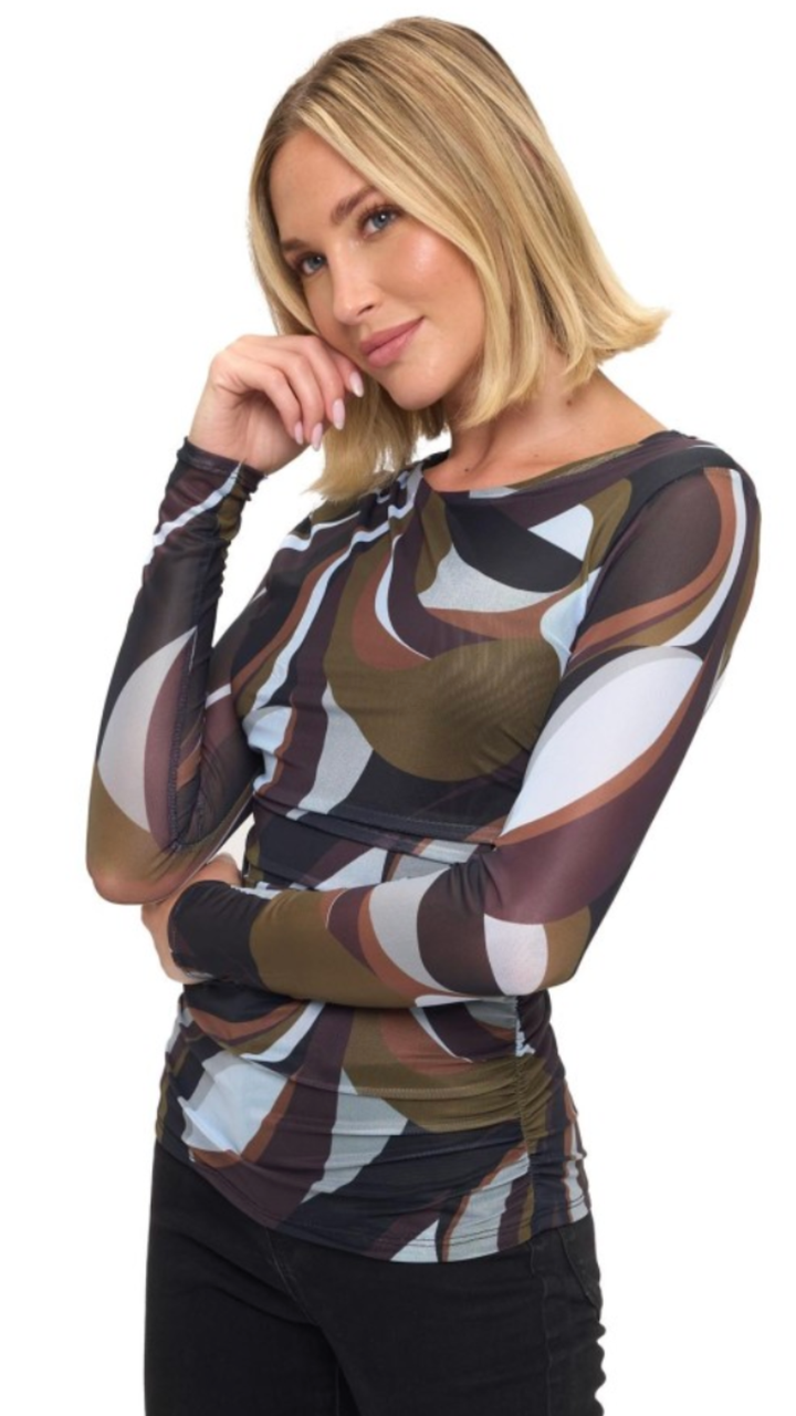 Olive Multi Color Ruched Long Sleeve Top