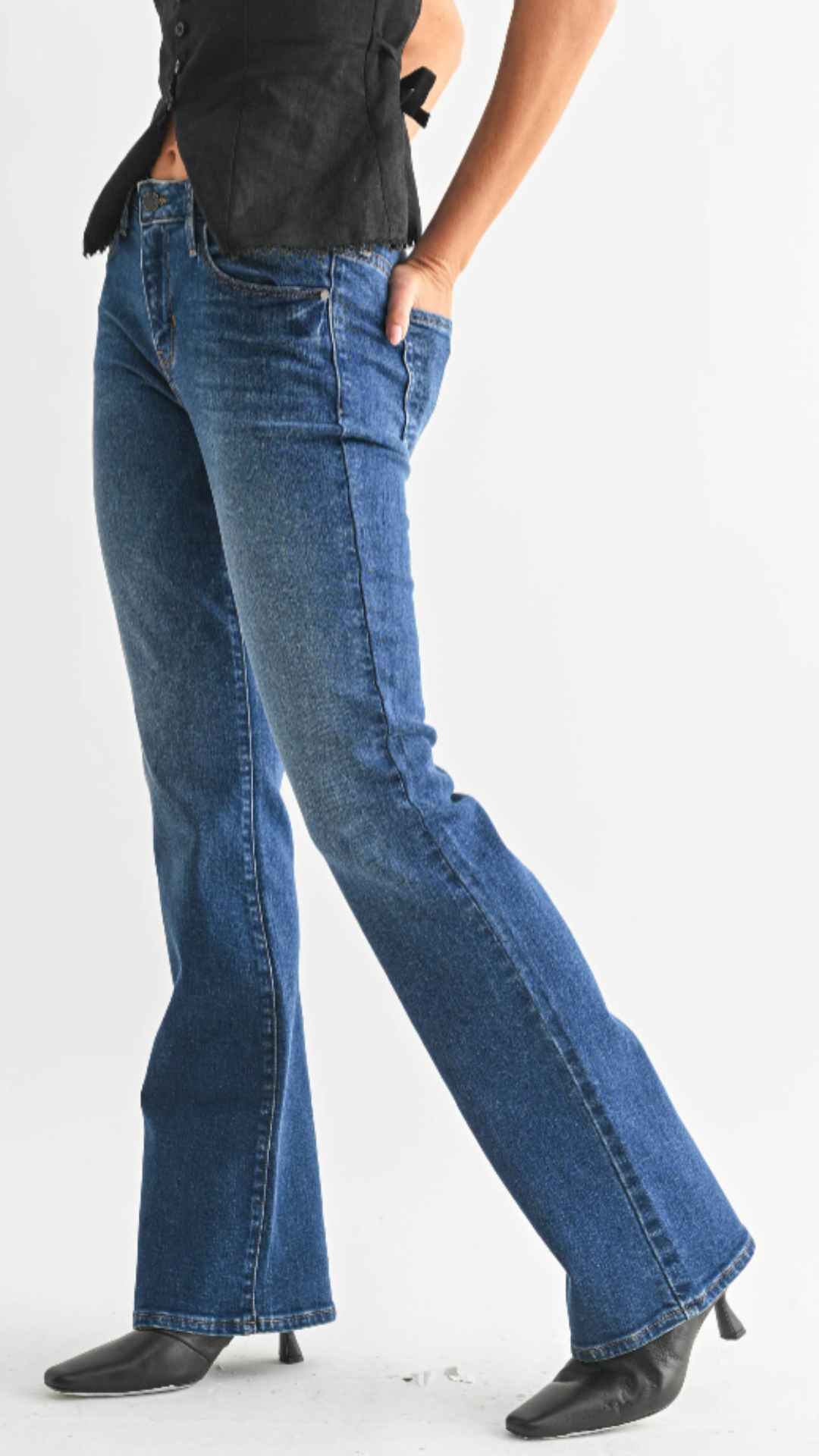 Mid Rise Dark Wash Full Length Bootcut Jeans