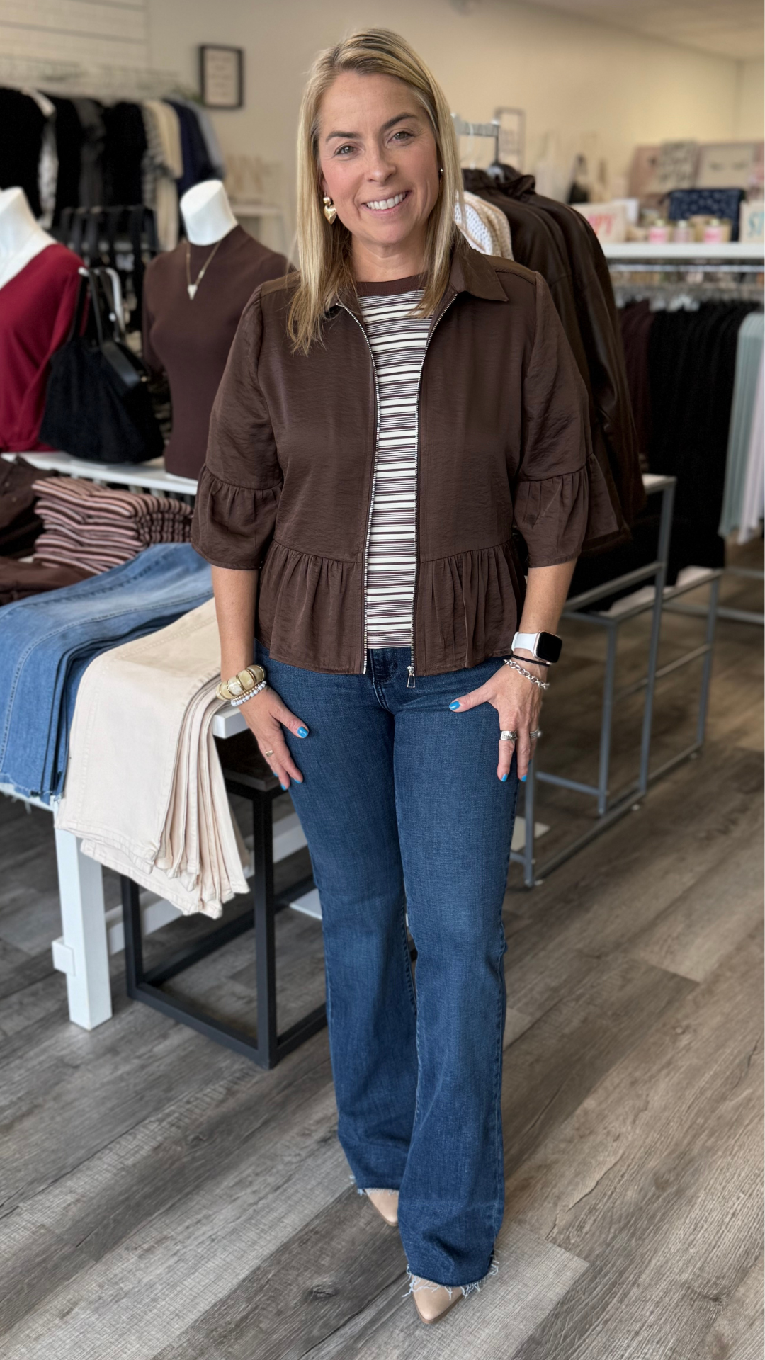 Chocolate Ruffle Zip Jacket Blouse