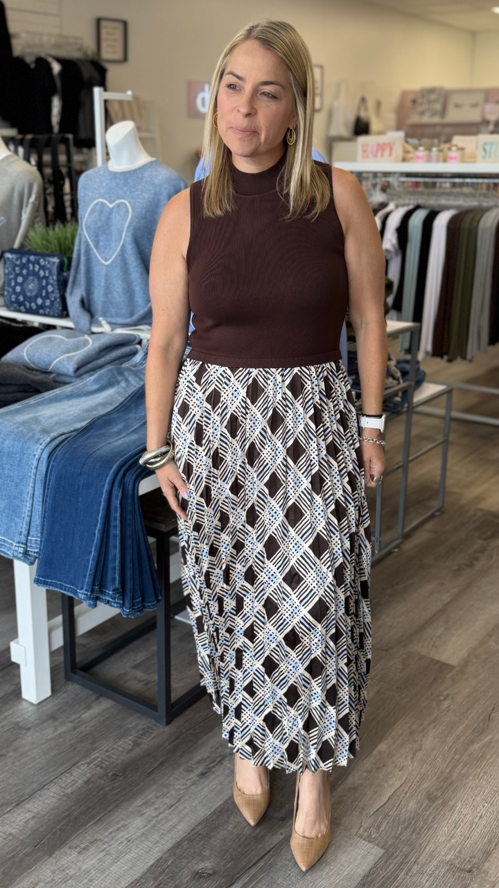 Brown and Blue Plaid Sleeveless Knit Dress