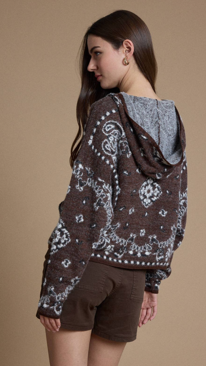 Nordic Brown Pine Fuzzy Knit Hoodie Cardigan