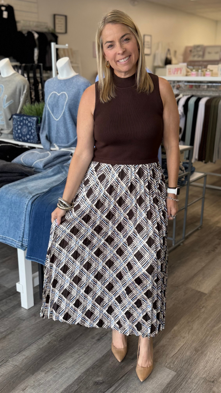 Brown and Blue Plaid Sleeveless Knit Dress