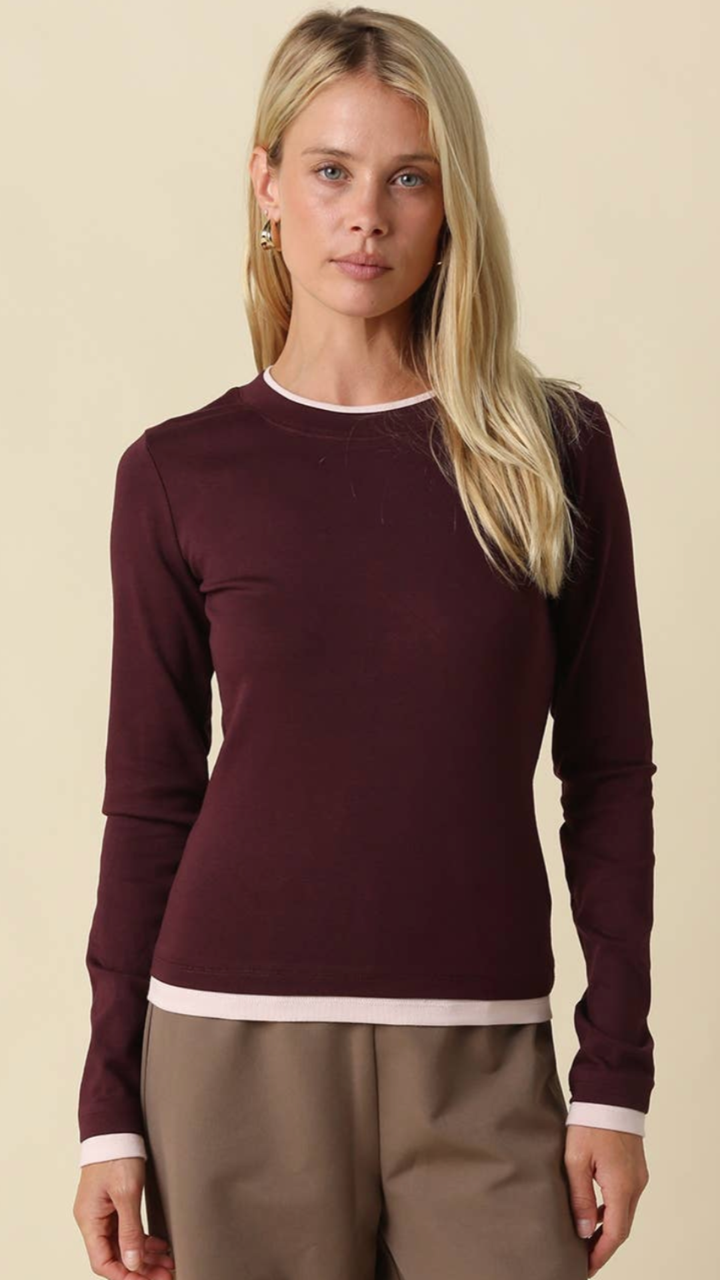 Burgundy And Pink Contrast Trim Long Sleeve Top