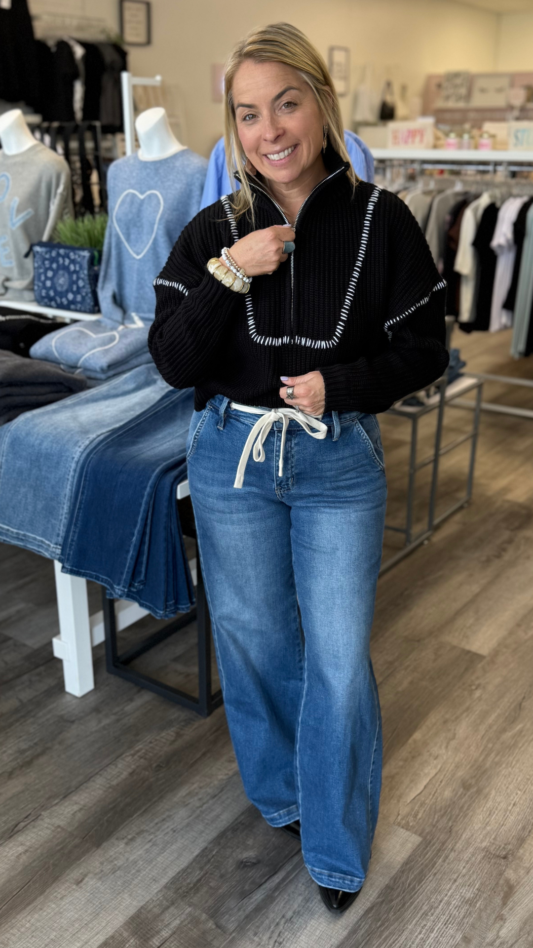 Black Quarter Zip Whipstitch Sweater