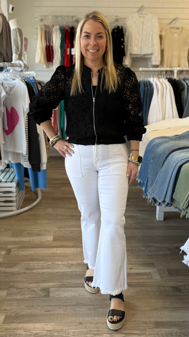 HAPPI Mid Rise White Cargo Pocket Flare Jeans