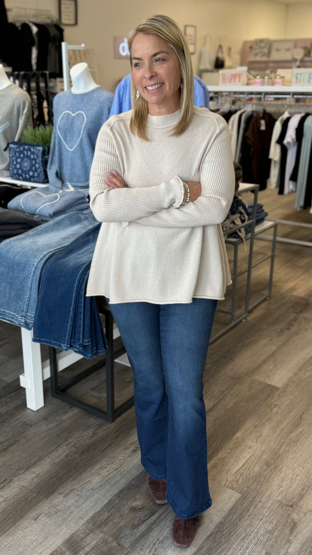 Ribbed Knit Sleeve Cashmere Blend Crewneck Sweater