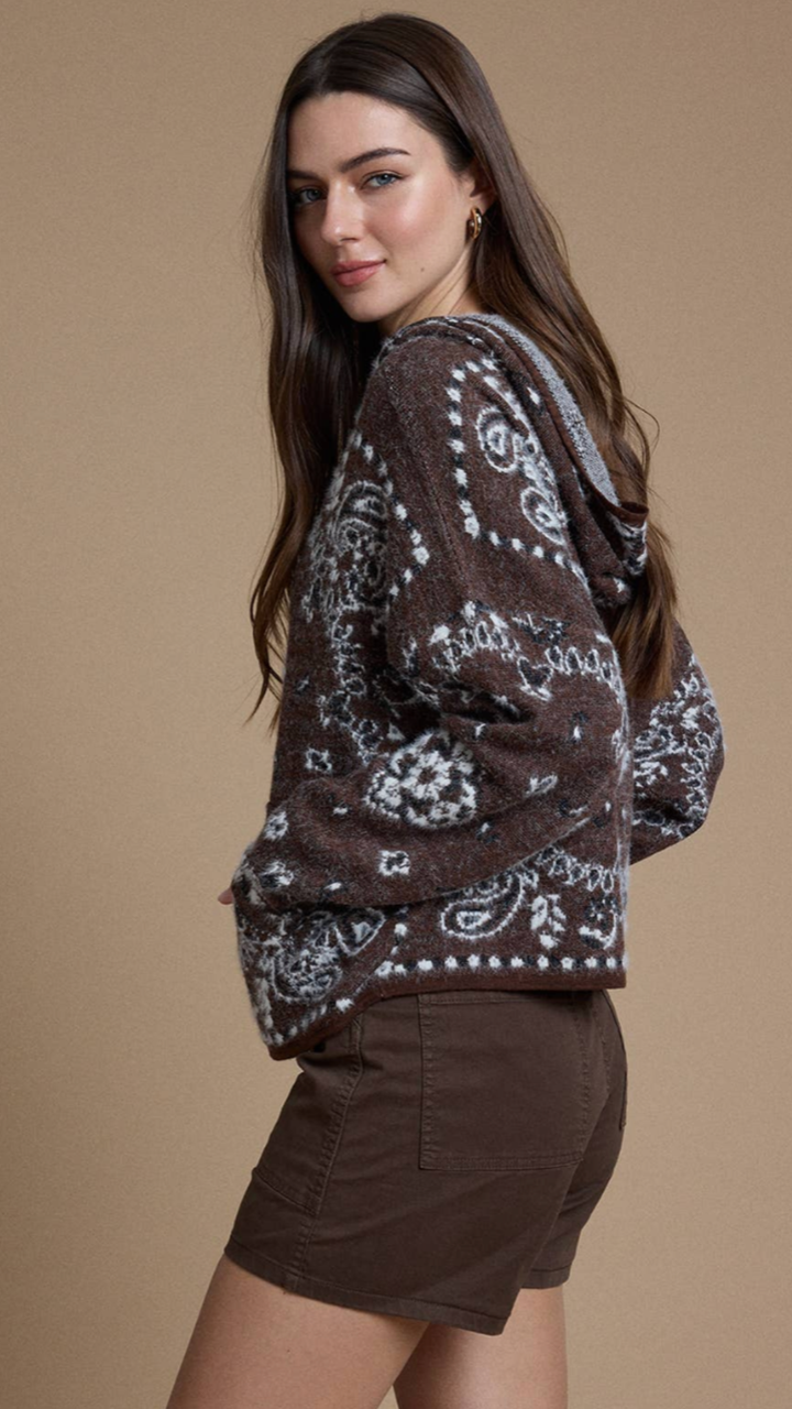 Nordic Brown Pine Fuzzy Knit Hoodie Cardigan