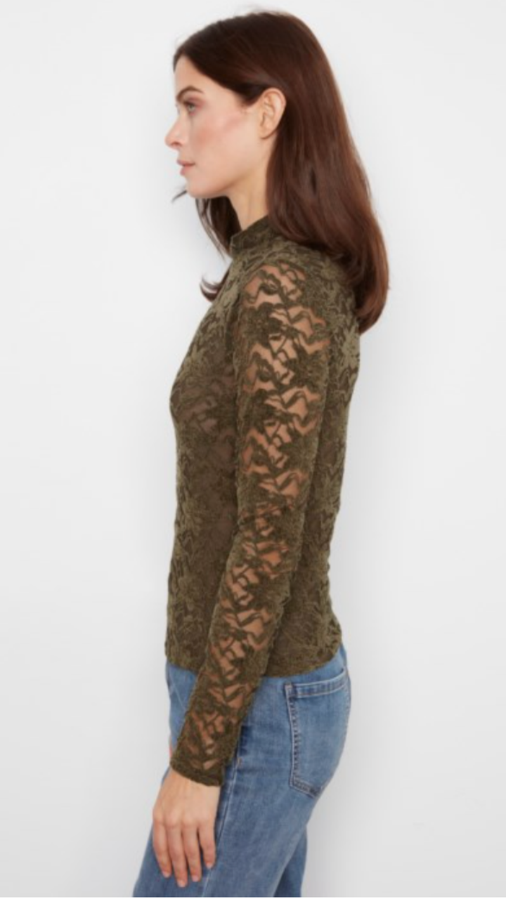 Olive Lace Long Sleeve Mock Neck Top