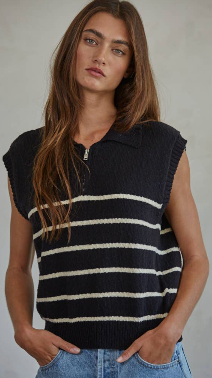 Black And Cream Half Zip Up Knit Sweater Vest